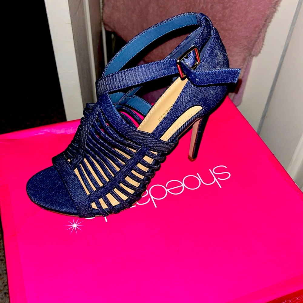 Dress sandals-denim heels.